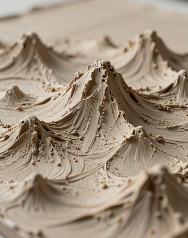 Detailed macro photography of a finished textured art piece, showing intricate details of peaks and valleys in soft beige and earthy brown tones. The lighting creates subtle shadows that emphasize the 3D effect of the molding paste.
