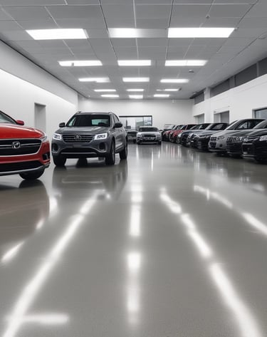 A pristine car dealership showroom floor reflecting bright overhead lights.