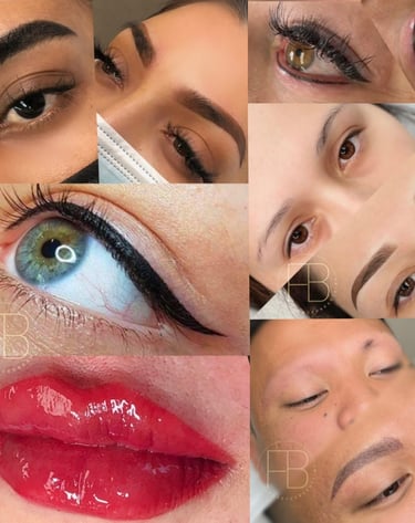Permanent makeup results including microblading eyebrows, winged eyeliner tattoo, and lip blush.