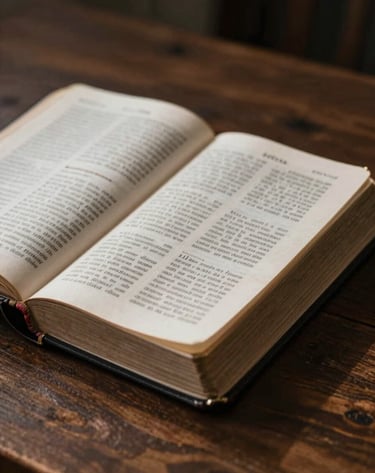 A detailed close-up shot of a well-worn Bible resting on a dark wooden table. A soft ray of light highlights the texture of the pages. The composition reflects high-quality craftsmanship and a trustworthy tone, using #A79E8B for the paper edges.