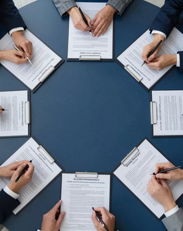 A meeting room with professionals discussing medical device compliance strategies.