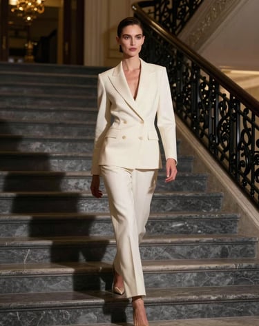 A sophisticated fashion model walking down a grand staircase in a North American / US luxury estate, dark slate grey shadows, warm gold and soft off-white lighting, exclusive artistic atmosphere, cinematic framing.