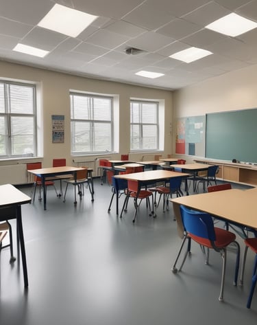 Classroom desks and floors meticulously cleaned and organized.