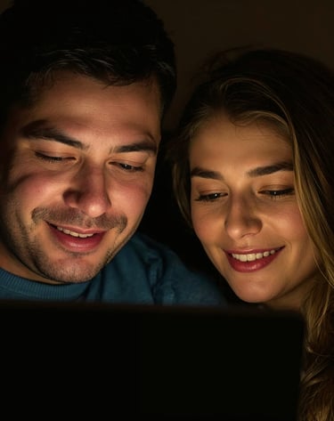 A smiling couple watching a movie on a tablet in a dark room.