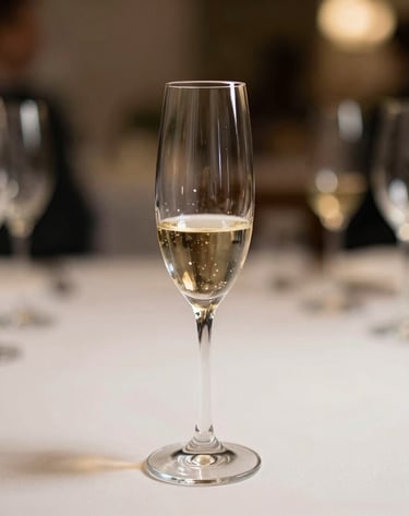 Elegant photography of a single champagne flute on a clean table, soft bokeh lights from a celebration in the background, European / Spanish evening event, minimalist and professional composition.