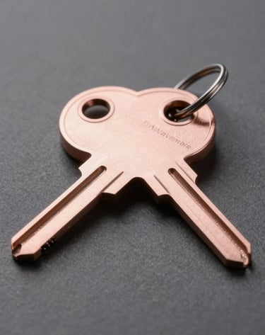 A close-up shot of a rose gold digital key resting on a charcoal gray textured paper. The lighting is soft and professional, highlighting the metallic texture and clean lines in a minimalist European style.