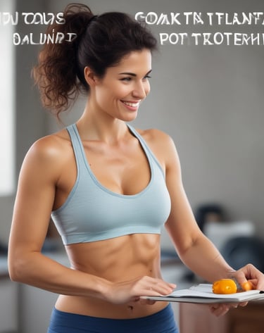 a woman in a sports bra top and a plate of fruit