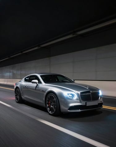 A high-speed motion blur shot of a luxury car driving through a tunnel at night. The light trails are a sharp Platinum Silk against the Deep Obsidian Black background, conveying a sense of extreme speed and cinematic motion.