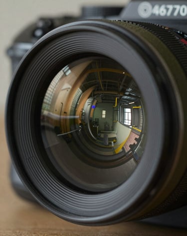 Macro detail shot of a digital camera lens reflecting an industrial workspace. Sophisticated but edgy lighting, with olive (#6B705C) and deep black tones.