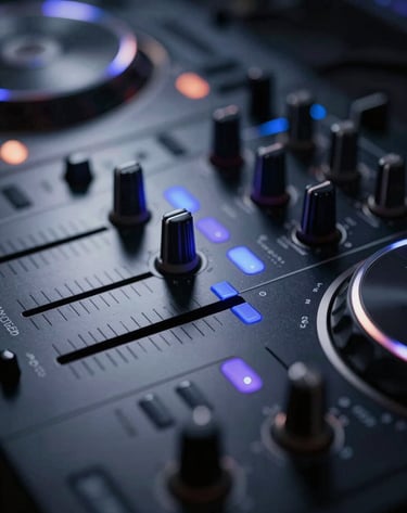 Macro shot of professional DJ mixer faders and knobs, cool blue and purple LED indicators, metallic textures, sophisticated nightlife aesthetic, deep #0A0A0F shadows.