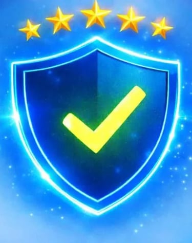 Blue shield with green checkmark and five gold stars surrounded by a blue glow premium secure verified protection
