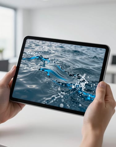 A professional photograph of a digital tablet screen showing a vibrant water flow simulation model with blue and slate grey contours. The device is held by hands in a modern, clean office environment in Indonesia with plenty of white space and natural light, reflecting advanced technology in water management.