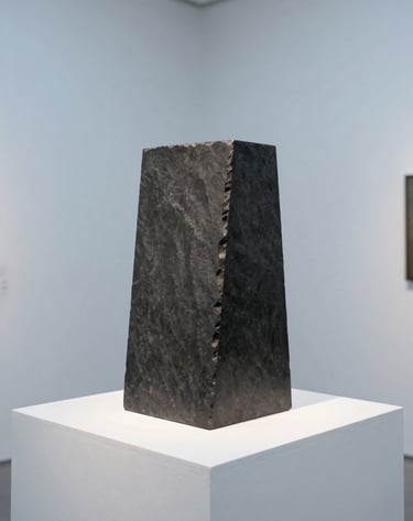 A minimalist sculpture made of dark slate brushed metal, geometric and angular design, sitting on a stark white plinth in a gallery with pale blue walls, clean lines, professional museum lighting.