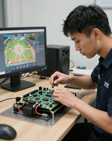 Technician performing a diagnostic check on a 55-inch Android TV at a customer's home.