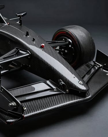 A detailed close-up of a carbon fiber racing car component, showing the intricate weave and technical precision of the aerodynamic surfaces, illuminated by sharp, cool studio lighting in a dark charcoal setting.