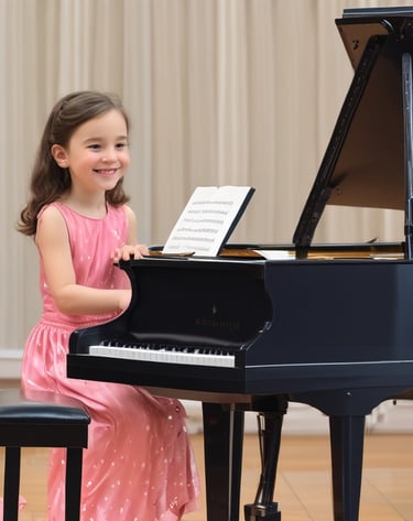 A smiling young girl in a pink dress playing a black grand piano during a music recital.