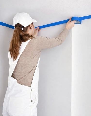 a woman in overalls is adding masking tape to a wall prior painting