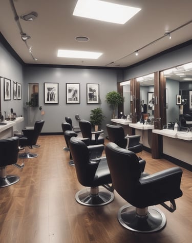 A client smiling confidently after a fresh haircut in the salon chair.