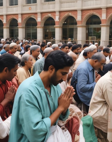 A group prayer gathering reflecting unity and faith among beneficiaries and volunteers.