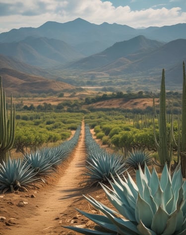 Rustic wooden barrels aging mezcal in a dimly lit palenque.