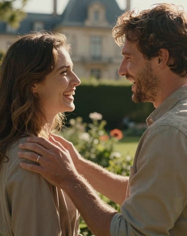 A candid shot of a couple laughing together in a garden, the man's hand on his partner's shoulder. Warm sunlight, authentic interactions, cinematic depth of field. European / French architecture visible in the soft background.