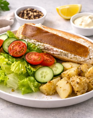 Sándwich de pavo en baguette tostada, acompañado de papas rostizadas y ensalada fresca