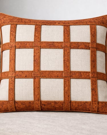 Modern cream linen throw pillow with a decorative brown cork grid pattern on a beige sofa.