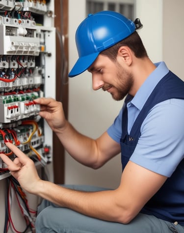 Technician rewiring sockets with neat, organized cables in a void property.