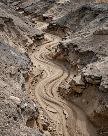 A professional architectural-style detail shot of a natural land feature in Northeast Nevada. The focus is on a dry creek bed showing the natural drainage and soil composition of the land. The lighting is soft and even, highlighting the technical clarity needed for land investment. Tones of sand and charcoal. North American / US - Northeast Nevada.