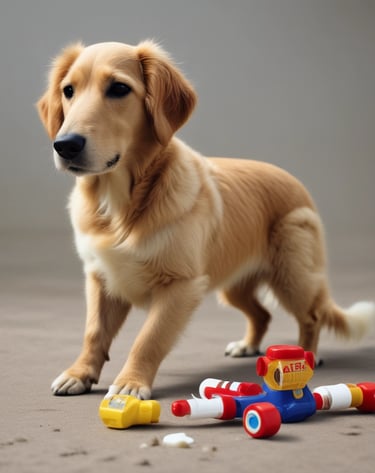 A happy dog playing with a chew toy inside the pet shop.