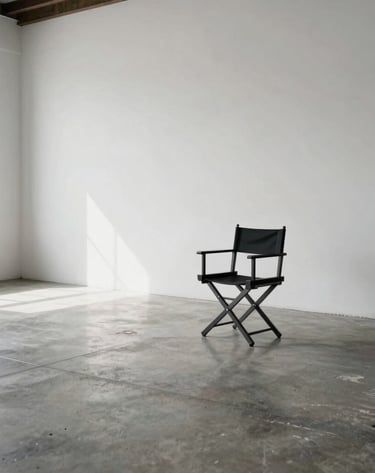 A wide-angle shot of a minimalist design studio interior in the US, polished concrete floors, large white walls, and a single black designer chair, soft natural daylight, aspirational atmosphere.