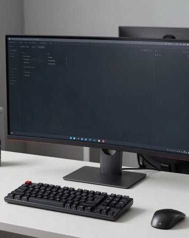 Photography of a modern workspace featuring a high-end curved monitor and a mechanical keyboard on a white desk, North American creative agency setting, minimalist aesthetic, sharp focus.