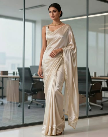 A serene ivory saree with delicate embroidery displayed against a minimalist cream background.