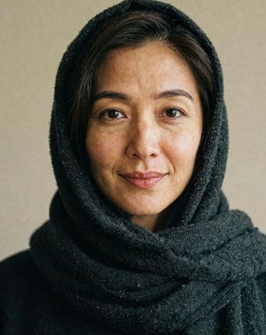 A creative, slightly off-center portrait of a woman with a kind expression, captured with a grainy film aesthetic. She is wearing a dark charcoal scarf. The background is a simple, soft beige wall.