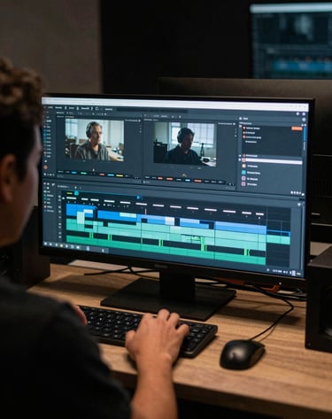 An over-the-shoulder shot of a film editor working on a complex timeline in a dark, modern Latin American / Hispanic studio, with monitors glowing in soft blue-grey.