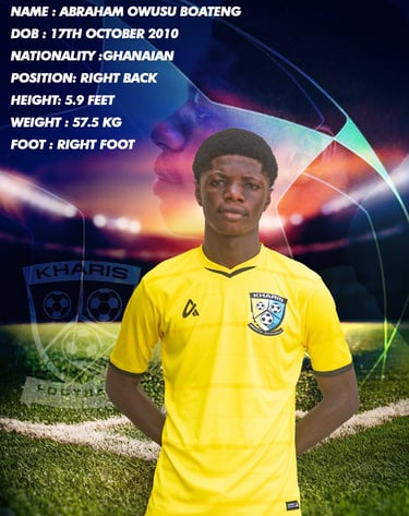 Ghanaian soccer player Abraham Owusu Boateng's Kharis Football Academy profile card.