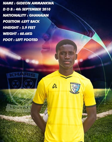 Gideon Ammankwa Ghanaian soccer player profile for Kharis Football Academy with stats and yellow jersey.