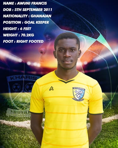 Ghanaian goalkeeper Awuni Francis profile for Kharis Sports Academy in a yellow soccer jersey.