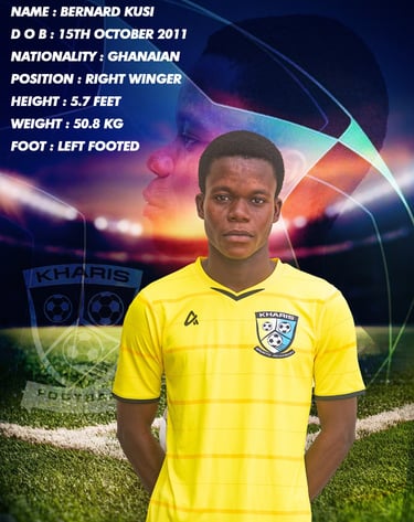 Player profile for Bernard Kusi, a Ghanaian right winger for Kharis Football Academy.