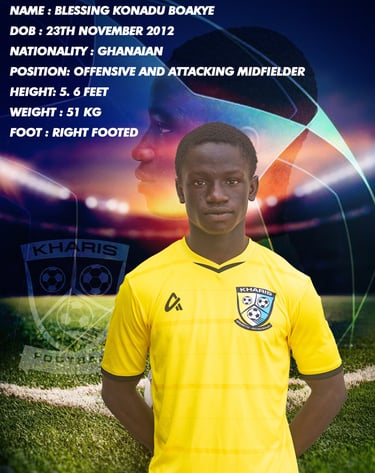 Ghanaian youth football player Blessing Konadu Boakye in a yellow Kharis Sports Academy jersey.