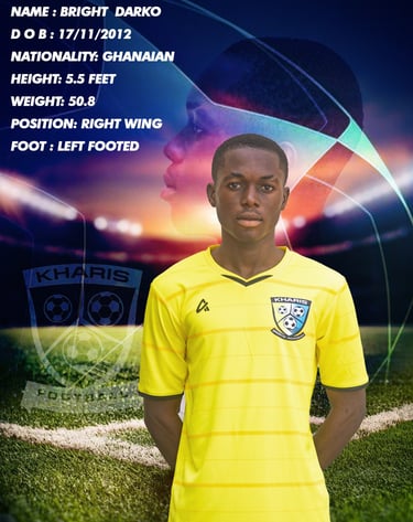 Ghanaian youth football player Bright Darko, a right winger, in his yellow Kharis Football Academy kit.