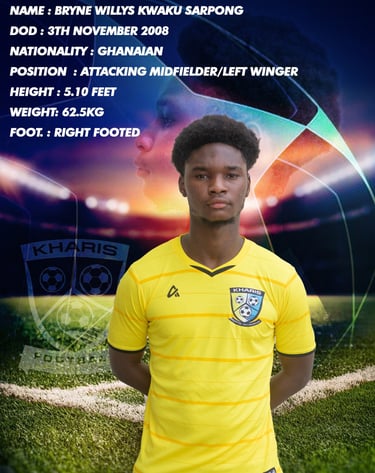 Player profile for Bryne Willys Kwaku Sarpong, a Ghanaian attacking midfielder for Kharis Football Academy.
