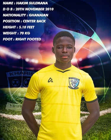 Ghanaian soccer player Hakim Sulemana in a yellow Kharis Football Academy jersey with player statistics.