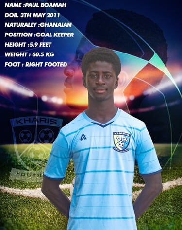 Ghanaian goalkeeper Paul Boamah player profile for Kharis Sports Academy in a blue jersey.