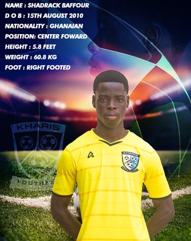 Player profile for Shadrack Baffour, a Ghanaian center forward for Kharis Football Academy in a yellow jersey.