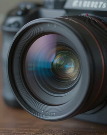 Macro shot of a high-fidelity 4K cinema lens with its internal glass elements reflecting a soft blue light (#415A77). The surrounding body of the camera is matte black and sleek. Cinematic, precision-focused photography.