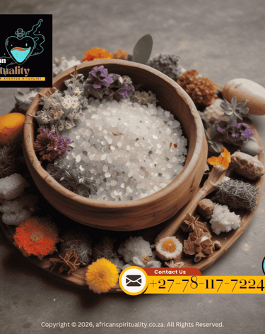 Traditional African ritual bath salts in a wooden bowl surrounded by healing herbs and flowers.