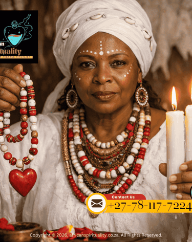 African spiritual healer holding traditional prayer beads and burning candles for ritual work.