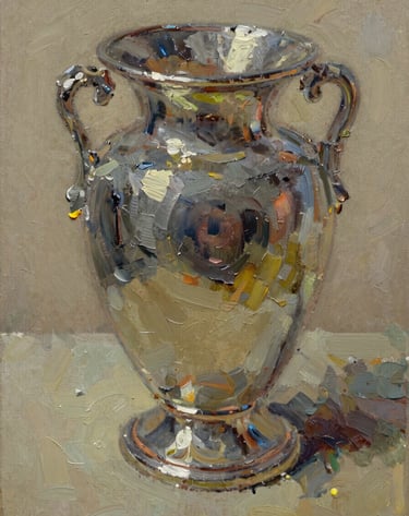 A macro detail photograph of the oil painting in the previous frame, focusing on the thick impasto brushstrokes of the silver vessel. The texture of the canvas and the layering of warm stone and muted olive paints are clearly visible.