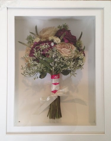 a side view preserved wedding bouquet in a frame